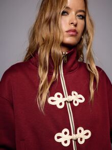 Nöista Women Burgundy Sweater With Front Oriental Buttons In Contrast Color. Perfect For Weekend, Activewear Jacket,  Everyday, Fall,  Winter,  Outfits. - Burgundy - View 2