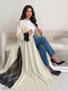 Yasmyna Elegant Lace Patchwork Black & White Contrast Long Open Front Abaya - Apricot - View 4