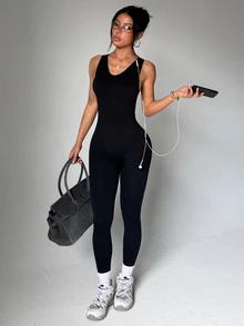 SHEIN Dewbera Women's Solid Color Backless Seamless Yoga Jumpsuit - Black - View 8