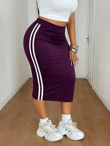 Mawevolt Damen Große Größen Lässig Reines Schwarz Gestrickter Hoch-Elastischer Stoff Seiten Kontrastfarbe Band Design Enger Bodycon Rock Vielseitiger Schwarzer Rock Große Größen Lässiges Outfit Damen Große Größen Neuer Stil Party Zusammenkunft Nacht Date Modeartikel Vielseitiger Rock - Violett - Übersicht 7