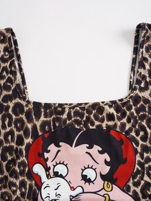 Betty Boop x SHEIN Plus Size Hot Girl Cartoon Pattern Leopard Print Tank Top - Brown - View 4