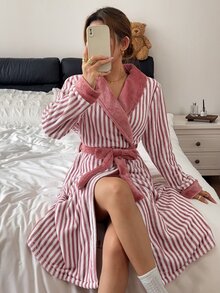 Napfluff Casual Striped Plush Lapel Long Sleeve Women's Loungewear Robe - Dusty Pink - View 6