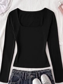 SHEIN Tween Girl 女童長袖 T-Shirt，彈性領口修身剪裁，百搭簡約舒適款 - 黑色 - 查看 3