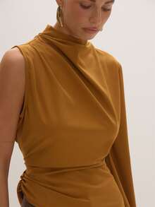 MUSEYN Rust Woven One Sleeve Cinched Top Timeless Date Night New Season Fall - Coffee Brown - View 6