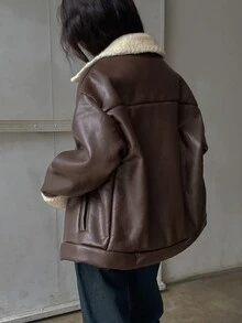DAZY Women's Colorblock PU Leather Fashion Versatile Long Sleeve Leather Jacket - Brown - View 2
