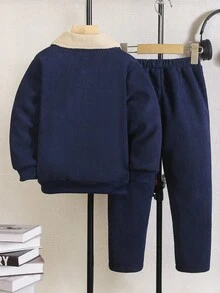 SHEIN 青少年男孩2件套休閒燈芯絨面料翻領長袖夾克與彈性腰長褲，適合秋冬春季，適合戶外玩耍、學校、街頭風、派對與居家休閒，高CP值 - 藏蓝色 - 查看 3