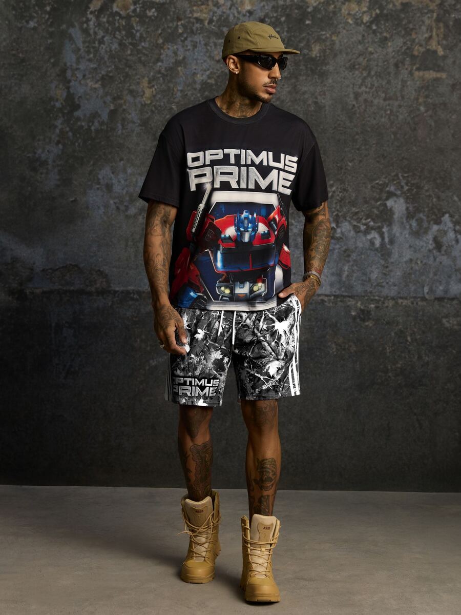 Transformers X SHEIN Men's Letter Print Short Sleeve T-Shirt And Shorts Casual Daily Set - Black - View 1