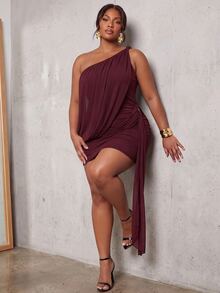 Slaydiva Sexy Street Date Party Women Slim Fit High Elastic Digital Print Mesh Ribbon Pleated Asymmetrical Shoulder Twisted Design Mini Dress Plus Size Dress - Burgundy - Burgundy - View 3