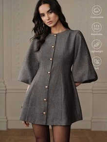BELROSIE 女款 A 字版型紋理粗花呢燈籠袖單排扣金色鈕扣圓領復古優雅灰色魚骨紋秋季女裝度假洋裝 - 黑與白 - 查看 1