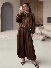 Rue Lumi Women's Loose Solid Color Cuffed Leg Long Pants, Fall High Tea Everyday Dark Brown Casual Elegant Thanksgiving Brunch - Brown - View 3