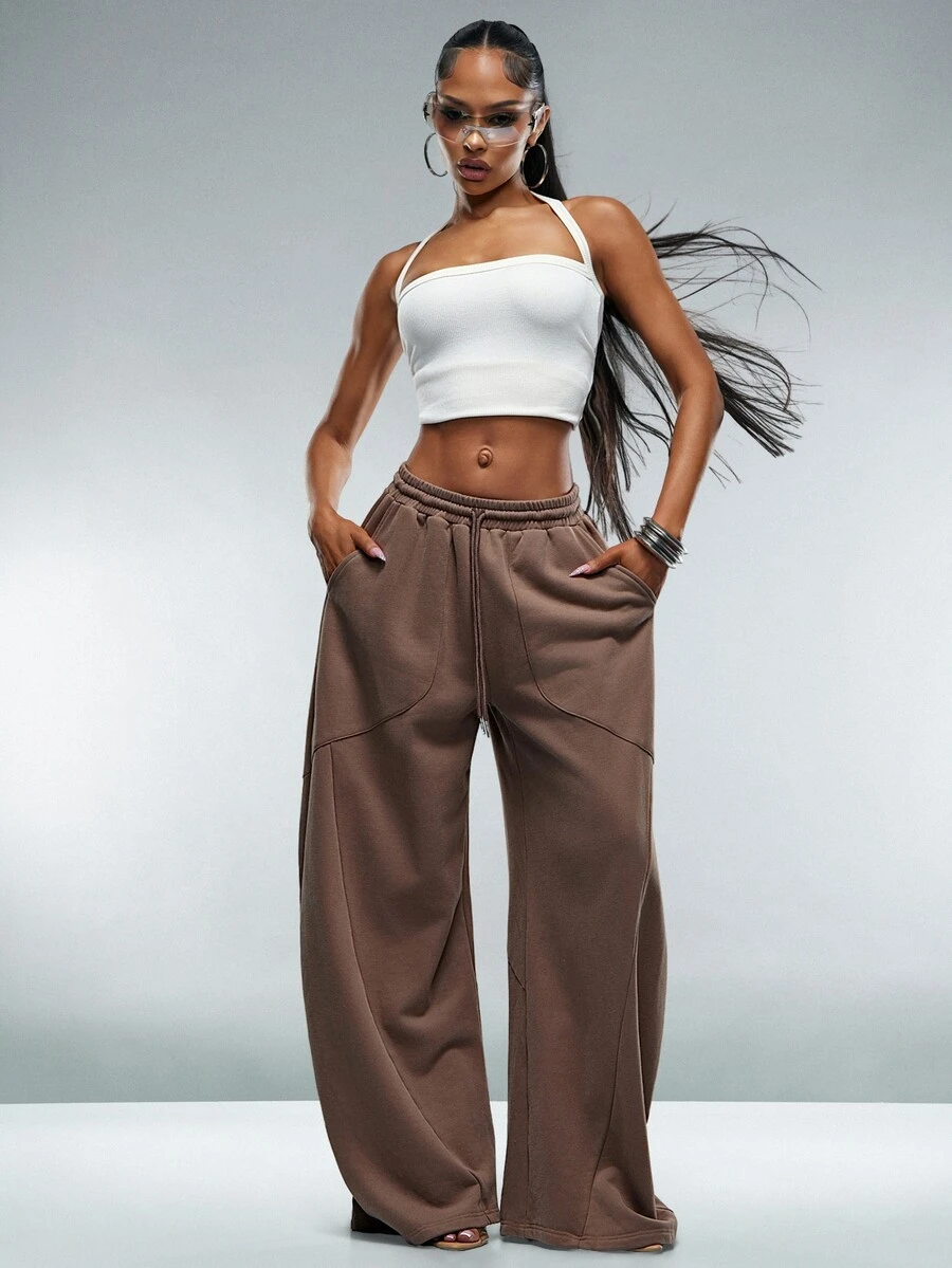 Denimoi Wide Leg Relaxed Fit Sweatpants Loungewear Cozy Fall Cold Weather Fashionable Streetwear Baggy - Brown - View 1