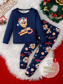 SHEIN | PAW Patrol 聖誕男孩聯名款修身睡衣套裝，可愛小狗與棒棒糖節日印花，柔軟舒適高彈薄款面料，長袖長褲 2 件式居家服 - 寶藍色 - 查看 1