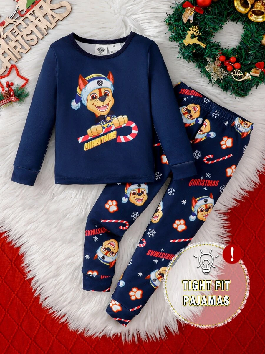 SHEIN | PAW Patrol 聖誕男孩聯名款修身睡衣套裝，可愛小狗與棒棒糖節日印花，柔軟舒適高彈薄款面料，長袖長褲 2 件式居家服 - 寶藍色 - 查看 1