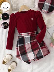 Elladie kids Young Girl Wine Red Knit Long Sleeve + Plaid Asymmetrical Skort (Includes Hat) Set Suitable For Late Autumn, Early Winter, Early Spring - Burgundy - View 3
