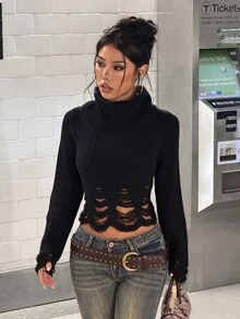 StreetHx Streetwear Women's Autumn/Winter Solid Color Y2K Vintage Distressed Ripped Cable Knit Sweater Top - Black - View 7