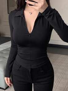Joudiya 秋季女款黑色 Polo 衫，短袖，翻領，休閒運動內搭層，長袖 T 恤 - 黑色 - 查看 5