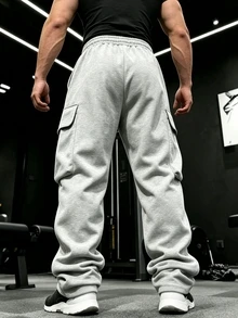 GymBeat Men's Solid Color Drawstring Waist Cargo Pocket Sports Long Pants - Grey - View 2
