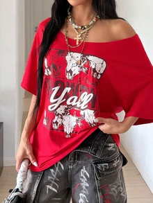 StreetHx 女款露肩寬鬆版型 Howdy Y'all 西部牛仔公牛頭白色大碼加大號 T-shirt - 紅色 - 查看 6