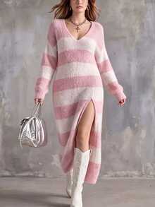 Linhara CURVE Plus Size Slouchy Pink & White Striped Mink Fur Dress - Pink - View 1