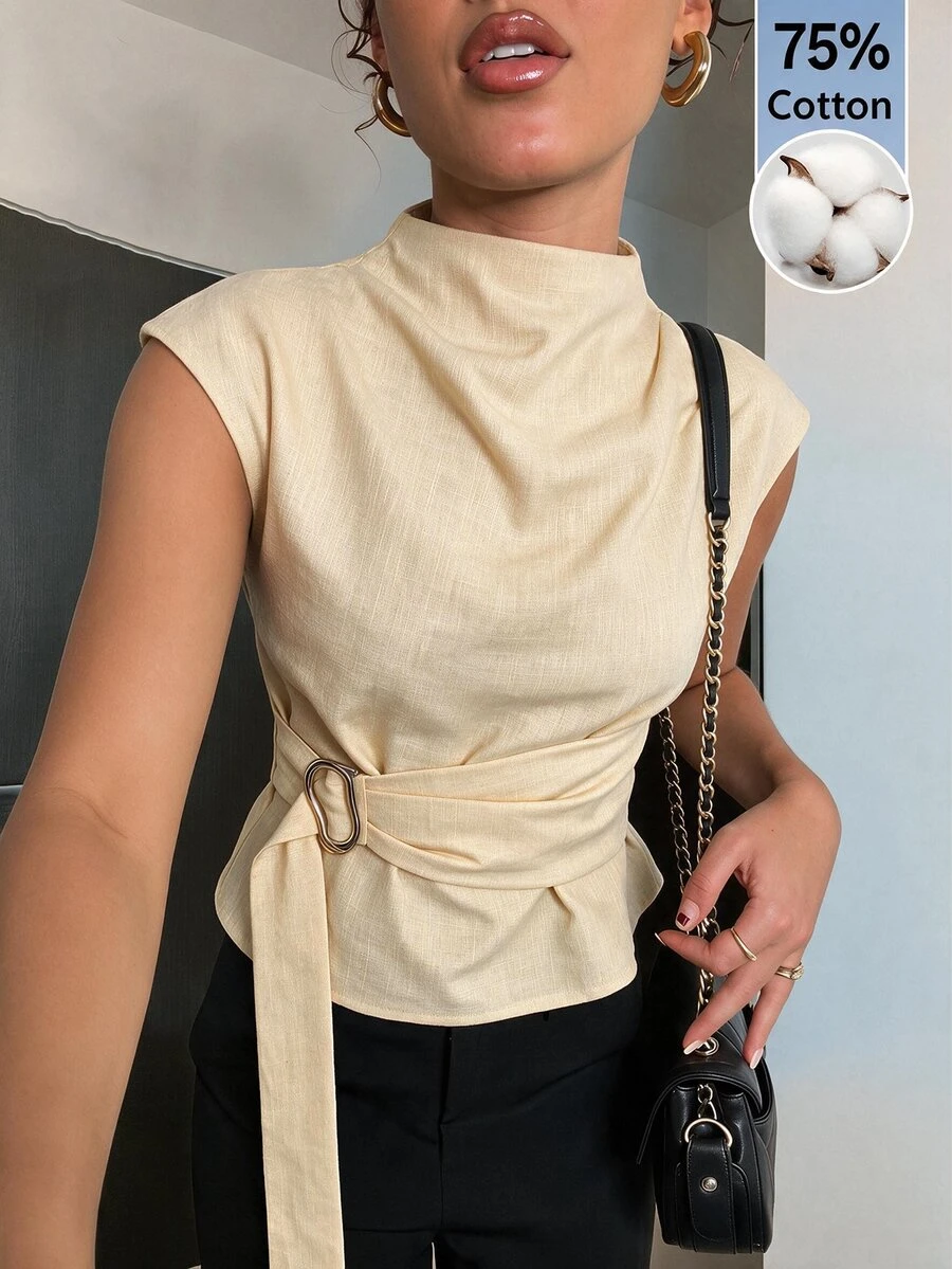 Aloruh 女款素色休閒百搭日常穿著襯衫 - 杏色 - 查看 1