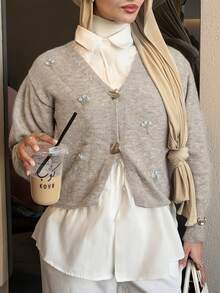 Feyla Plus Size Embroidered Metal Button Long Sleeve Knit Cardigan - Khaki - View 7