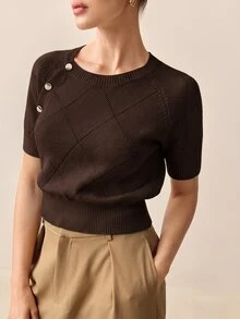 BizChic 女款秋季純色圓領短袖單排扣針織毛衣上衣 優雅法式極簡休閒通勤早午餐日常辦公 - 棕色 - 查看 6