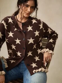 Nubod Plus Size Women's Star Pattern Casual Daily Cardigan - Brown - View 8