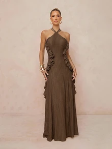 Lumalex New Knit Jacquard Tree Pattern Ruffle Trim Sleeveless Tie Halter Neck Long Dress - Brown - View 5