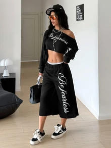 StreetHx Sexy Asymmetrical Shoulder T-Shirt And Capri Pants Street Style 2 Pieces Set - Black - View 4