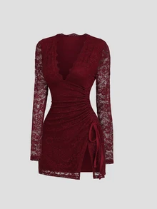 Sweetra Y2K Sexy Elegant Lace Commuter Side Waist Drawstring Versatile Party Dress - Burgundy - View 1