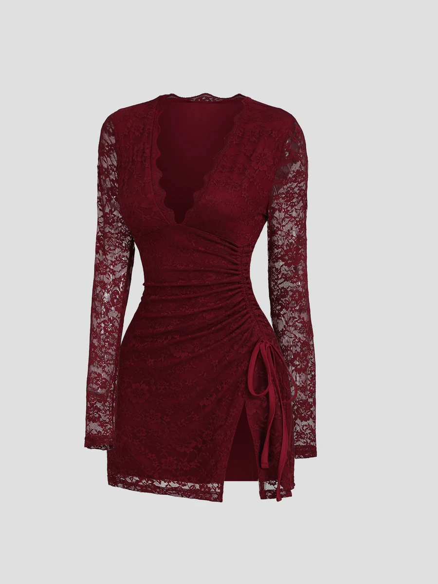 Sweetra Y2K Sexy Elegant Lace Commuter Side Waist Drawstring Versatile Party Dress - Burgundy - View 1