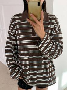 DAZY 女款條紋拼色休閒日常長袖T恤 - 白色 - 查看 2