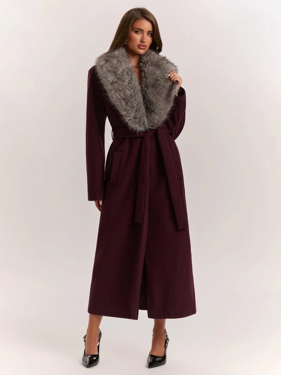 SHEIN BAE Premium Detachable Fur Collar Loose Fit Versatile Cinched Waist Casual Overcoat Jacket - Red Violet - View 1