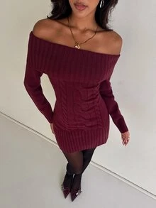Aloruh Gaun Rajut Wanita Elegan Warna Polos Tanpa Bahu, Musim Gugur/Dingin - Burgundy - View 5