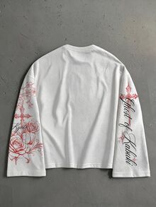 Manfinity ZONE917 復古做舊日式藝伎彼岸花十字圖案 標準尺寸 白色短袖/長袖T恤 - 彩色 - 查看 5
