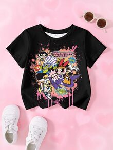 THE POWERPUFF GIRLS X SHEIN Young Girl Letter Cartoon Print Casual Daily Short Sleeve T-Shirt - White - View 1