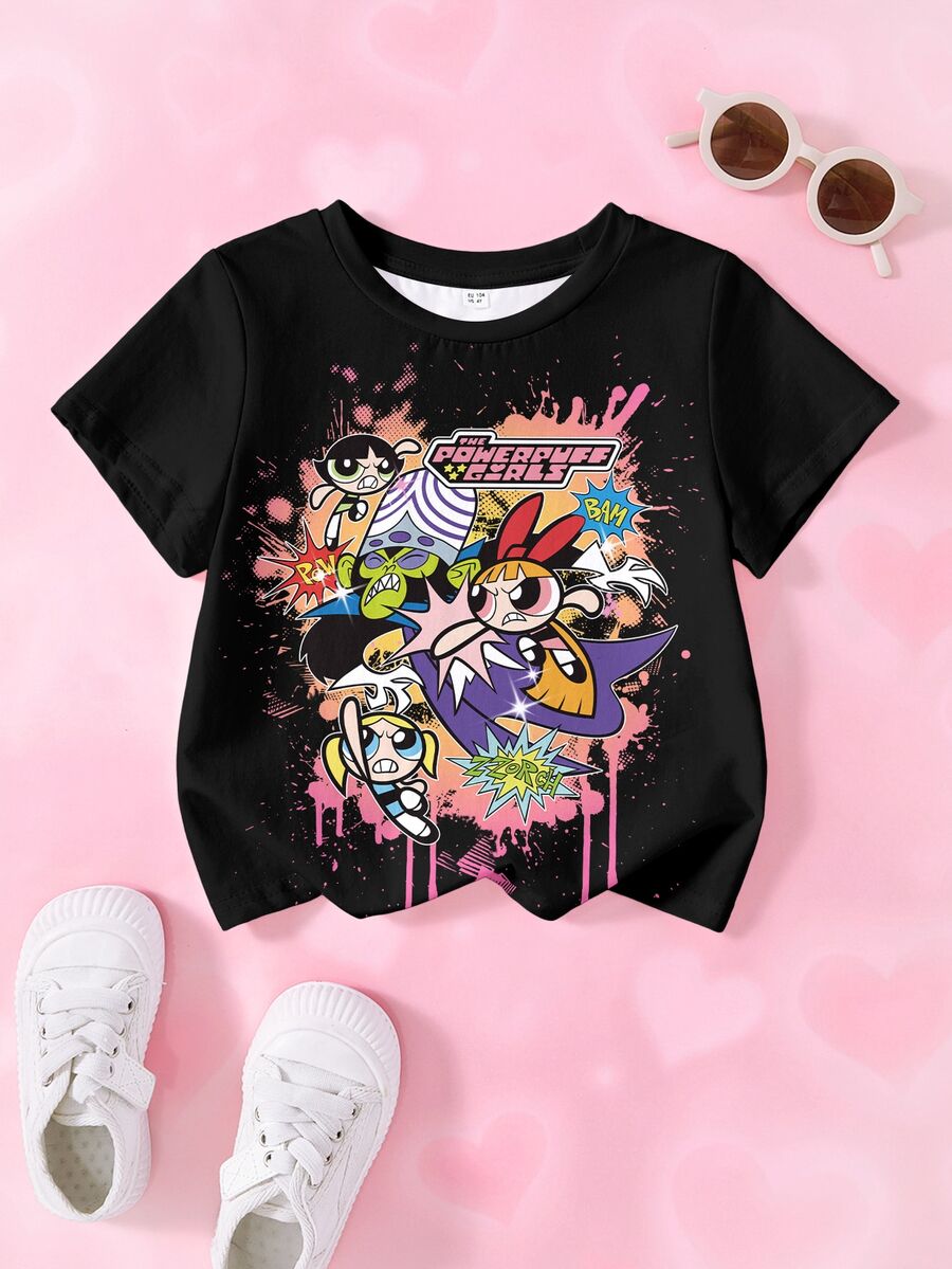 THE POWERPUFF GIRLS X SHEIN Young Girl Letter Cartoon Print Casual Daily Short Sleeve T-Shirt - White - View 1