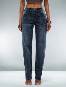 Denimoi Celana Jeans Denim Wanita Kasual Serbaguna Model Tapered dengan Kantong - Medium Wash - View 2