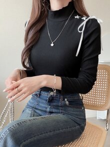 FRIFUL Women's Elegant Korean Style Drawstring Tie Long Sleeve Dress Fall - Black - View 4