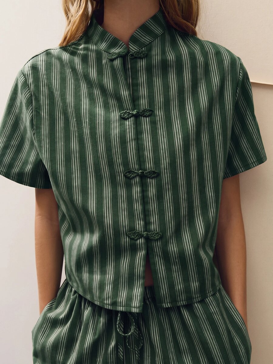 Nöista Women's Ruffled Collar Waist-Defining Printed Suit - Dark Green - View 1