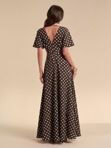 SHEIN BAE 秋冬棕色白色波點深V領泡泡袖高腰A字裙法式復古風洋裝 - 棕色 - 查看 2