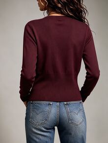 SHEIN كارديجان نسائي محبوك بلون موحد وأكمام طويلة وأزرار أمامية كاجوال - عنابي اللون - مشاهدة 2