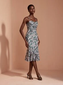 JIAN LASALA Knit Floral Print Adjustable Strap Double Ruffle Layers Ruched Midi Dress Elegant Vacation - Multicolor - View 5