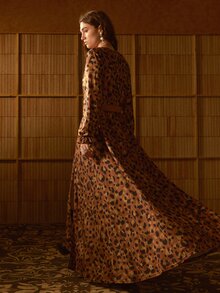 MOTF STUDIO WOMEN'S AUTUMN/WINTER LEOPARD PRINT V-NECK FRONT SLIT TEA BREAK ELASTIC LONG DRESS - Multicolor - View 7