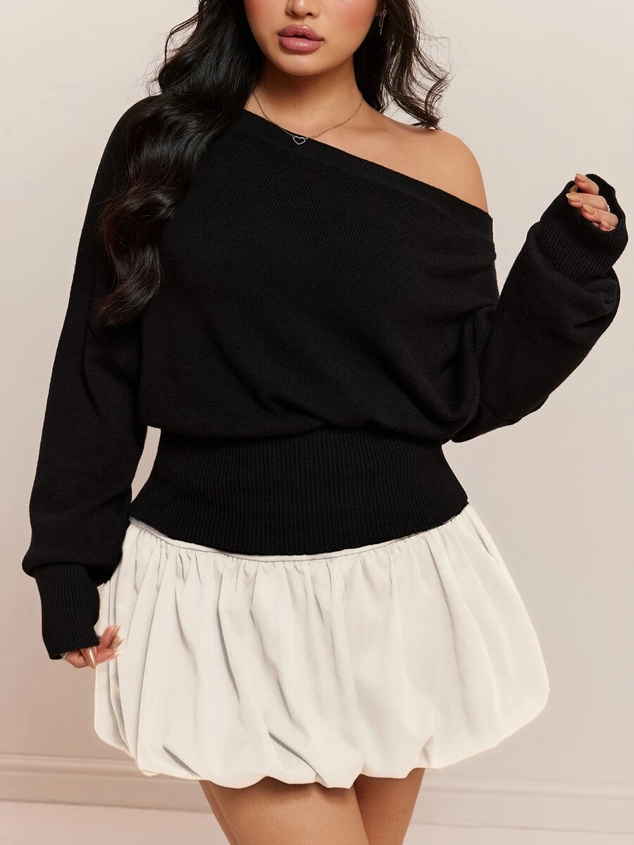 CovetEZ Autumn/Winter Solid Color Asymmetrical Collar Waist-Flattering Slimming Casual Plus Size Sweater - Black - View 1
