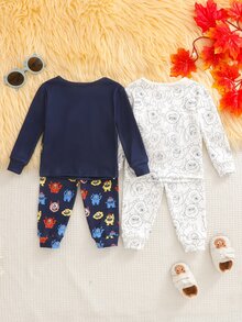 Cozy Pixies Set Piyama Bayi Laki-laki Pas Badan, Motif Kartun Gelap, Atasan Pullover Lengan Panjang Leher Bulat Rajut Lembut dan Celana Panjang Pinggang Elastis, Set 2 Potong - MultiWarna - View 2