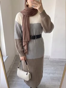 Solavon فستان نسائي بألوان متباينة وياقة عالية من الصوف المحبوك المضلع، فستان صوف فضفاض طويل للخريف/الشتاء - متعدد الألوان - مشاهدة 2