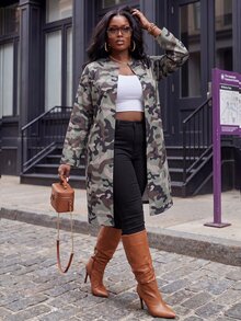 Slaydiva Plus Size Autumn Casual Cowgirl Camouflage Print Jacket Fall Travel Office Olive Green - Green - View 7