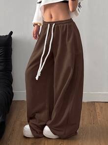 SHEIN Tall CURVE 大尺碼女款街頭風外出套裝 彈性腰頭 舒適灰色 秋季 - 咖啡棕 - 查看 4