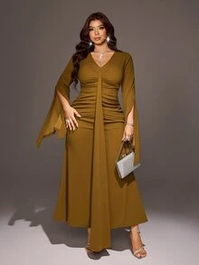 Viva Relle 大尺碼女款高級橄欖綠V領抓皺腰部飄逸袖優雅通勤長洋裝，適合正式場合與秋季 - 橄欖綠 - 查看 3
